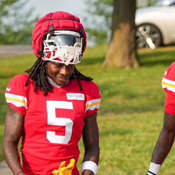 Jul 26, 2024; Kansas City, MO, USA; Kansas City Chiefs wide receiver Marquise “Hollywood”  Brown (5) and wide receiver Xavier Worthy (1) walk down the hill from the locker room to the fields during training camp at Missouri Western State University. Mandatory Credit: Denny Medley-Imagn Images