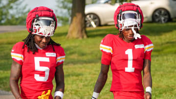 Jul 26, 2024; Kansas City, MO, USA; Kansas City Chiefs wide receiver Marquise “Hollywood”  Brown (5) and wide receiver Xavier Worthy (1) walk down the hill from the locker room to the fields during training camp at Missouri Western State University. Mandatory Credit: Denny Medley-USA TODAY Sports