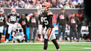 Oct 5, 2025; Tottenham, United Kingdom; Cleveland Browns kicker Andre Szmyt (25) looks on before the snap against the Minnesota Vikings during the second quarter of an NFL International Series game at Tottenham Hotspur Stadium. Mandatory Credit: Kirby Lee-Imagn Images