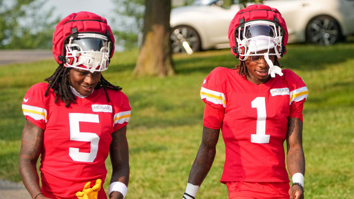 Jul 26, 2024; Kansas City, MO, USA; Kansas City Chiefs wide receiver Marquise “Hollywood”  Brown (5) and wide receiver Xavier Worthy (1) walk down the hill from the locker room to the fields during training camp at Missouri Western State University. Mandatory Credit: Denny Medley-USA TODAY Sports