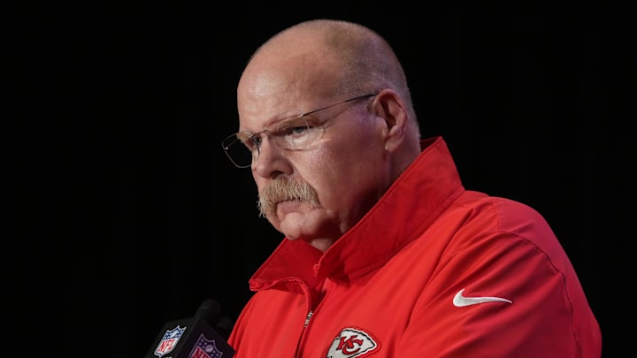 Feb 5, 2025; New Orleans, LA, USA; Kansas City Chiefs head coach Andy Reid speaks in a press conference ahead of Super Bowl LIX at New Orleans Marriott. Mandatory Credit: Kirby Lee-Imagn Images