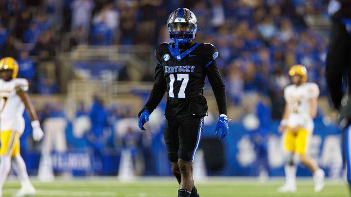 Oct 14, 2023; Lexington, Kentucky, USA; Kentucky Wildcats linebacker Daveren Rayner (17) during the third quarter against the Missouri Tigers at Kroger Field. Mandatory Credit: Jordan Prather-Imagn Images