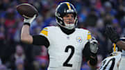 Jan 15, 2024; Orchard Park, New York, USA; Pittsburgh Steelers quarterback Mason Rudolph (2) throws the ball in the first half against the Buffalo Bills in a 2024 AFC wild card game at Highmark Stadium. Mandatory Credit: Kirby Lee-Imagn Images