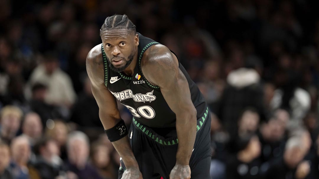 Dec 23, 2025; Minneapolis, Minnesota, USA; Minnesota Timberwolves forward Julius Randle (30) looks on against the New York Knicks in the second half at Target Center. Mandatory Credit: Jesse Johnson-Imagn Images
