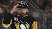Oct 27, 2025; Pittsburgh, Pennsylvania, USA;  Pittsburgh Penguins defenseman Erik Karlsson (65) looks on before the game against the St. Louis Blues at PPG Paints Arena. Mandatory Credit: Charles LeClaire-Imagn Images