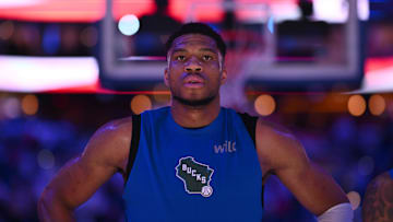Apr 3, 2025; Philadelphia, Pennsylvania, USA; Milwaukee Bucks forward Giannis Antetokounmpo (34) observes the national anthem before the game against the Philadelphia 76ers at Wells Fargo Center. Mandatory Credit: Kyle Ross-Imagn Images
