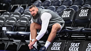 Feb 26, 2025; Salt Lake City, Utah, USA;  Sacramento Kings center Jonas Valanciunas (17) prepares to warm up before a game against the Utah Jazz at Delta Center. Mandatory Credit: Jamie Sabau-Imagn Images