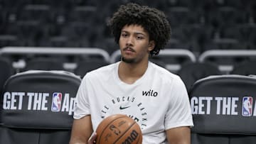Feb 9, 2025; Milwaukee, Wisconsin, USA;  Milwaukee Bucks center Jericho Sims (00) during warmups prior to the game against the Philadelphia 76ers at Fiserv Forum. 