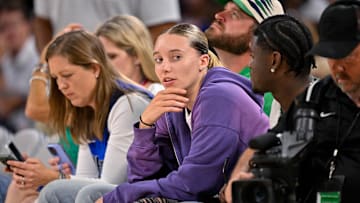 Oct 6, 2025; Fort Worth, Texas, USA; Dallas Wings guard Paige Bueckers looks on during the second quarter between the Dallas Mavericks and the Oklahoma City Thunder at Dickie's Arena. Mandatory Credit: Jerome Miron-Imagn Images