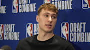 Cooper Flagg talks to the media during the 2025 NBA Draft Combine.