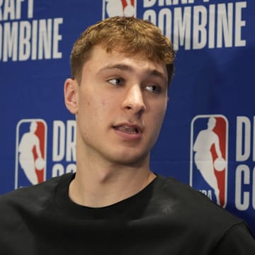 Cooper Flagg talks to the media during the 2025 NBA Draft Combine.