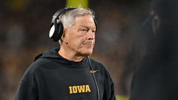 Nov 18, 2023; Iowa City, Iowa, USA; Iowa Hawkeyes head coach Kirk Ferentz looks on during the fourth quarter against the Illinois Fighting Illini at Kinnick Stadium. Mandatory Credit: Jeffrey Becker-USA TODAY Sports