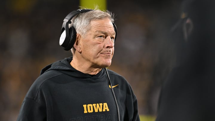 Nov 18, 2023; Iowa City, Iowa, USA; Iowa Hawkeyes head coach Kirk Ferentz looks on during the fourth quarter against the Illinois Fighting Illini at Kinnick Stadium. Mandatory Credit: Jeffrey Becker-USA TODAY Sports