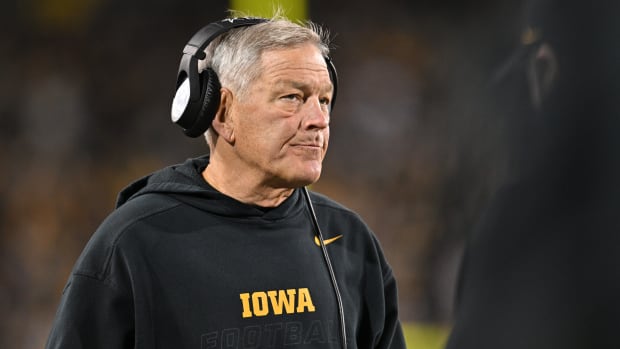 Iowa Hawkeyes head coach Kirk Ferentz looks on during the fourth quarter against the Illinois Fighting Illini at Kinnick Stad