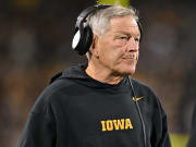 Hawkeyes coach Kirk Ferentz looks on during the fourth quarter of a game against the Illinois Fighting Illini at Kinnick Stadium in 2023.