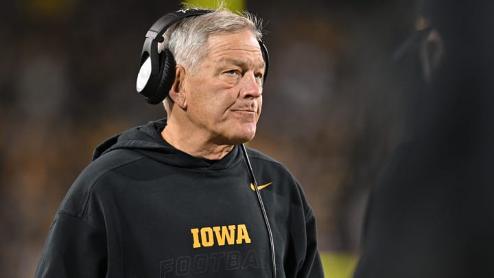 Hawkeyes coach Kirk Ferentz looks on during the fourth quarter of a game against the Illinois Fighting Illini at Kinnick Stadium in 2023.