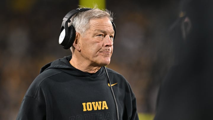 Iowa Hawkeyes head coach Kirk Ferentz looks on during the fourth quarter against the Illinois Fighting Illini at Kinnick Stadium. 