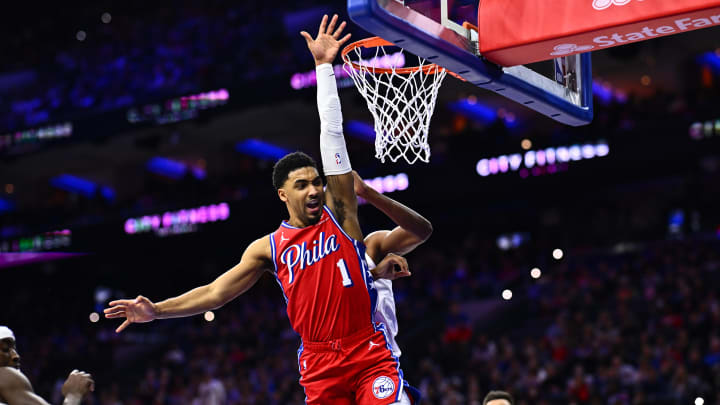 Feb 23, 2024; Philadelphia, Pennsylvania, USA; Philadelphia 76ers forward Kenyon Martin Jr (1) reacts after missing a shot attempt against the Cleveland Cavaliers in the third quarter at Wells Fargo Center. Mandatory Credit: Kyle Ross-USA TODAY Sports