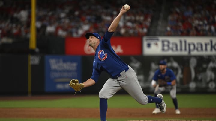 Jul 13, 2024; St. Louis, Missouri, USA; Chicago Cubs relief pitcher Drew Smyly (11) throws against the St. Louis Cardinals during the fourth inning at Busch Stadium.