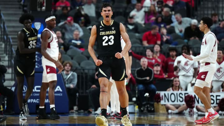 Mar 15, 2024; Las Vegas, NV, USA; Colorado Buffaloes forward Tristan da Silva (23) celebrates in the first half against the Washington State Cougars at T-Mobile Arena. Mandatory Credit: Kirby Lee-USA TODAY Sports