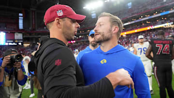 Nov 26, 2023; Glendale, Arizona, USA; Arizona Cardinals head coach Jonathan Gannon and Los Angeles Rams head coach Sean McVay shake hands after their game at at State Farm Stadium. Mandatory Credit: Joe Camporeale-Imagn Images