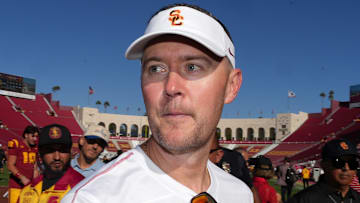 Sep 28, 2024; Los Angeles, California, USA; Southern California Trojans head coach Lincoln Riley reacts after a game against the Wisconsin Badgers at United Airlines Field at Los Angeles Memorial Coliseum. Mandatory Credit: Kirby Lee-Imagn Images