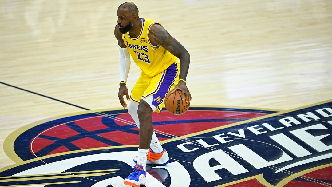 Jan 28, 2026; Cleveland, Ohio, USA; Los Angeles Lakers forward LeBron James (23) brings the ball up court in the fourth quarter against the Cleveland Cavaliers at Rocket Arena. Mandatory Credit: David Richard-Imagn Images