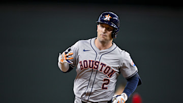 Aug 5, 2024; Arlington, Texas, USA; Houston Astros third baseman Alex Bregman (2) rounds the bases after he hits a solo home run against the Texas Rangers during the third inning at Globe Life Field. Mandatory Credit: Jerome Miron-Imagn Images