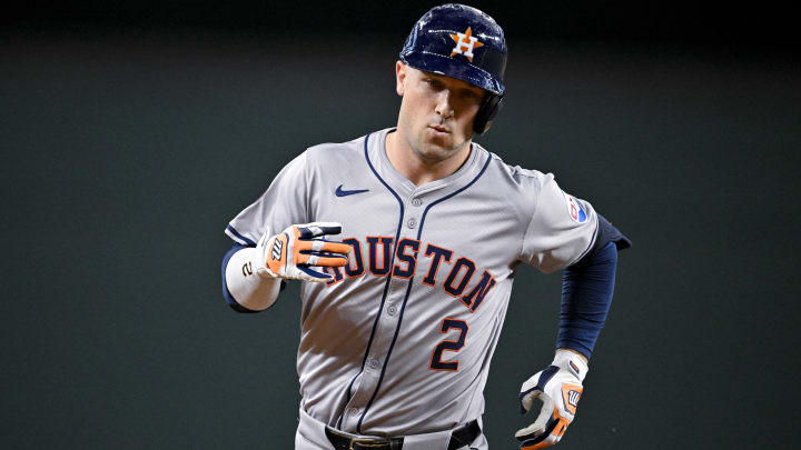 Aug 5, 2024; Arlington, Texas, USA; Houston Astros third baseman Alex Bregman (2) rounds the bases after he hits a solo home run against the Texas Rangers during the third inning at Globe Life Field.