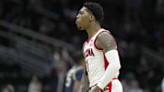 Arizona guard Caleb Love (1) leads the Wildcats into Sunday's NCAA Tournament showdown with Oregon.