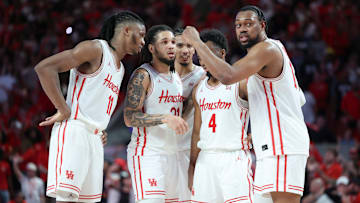 Houston basketball players huddle up during a recent game.