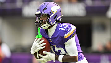 Aug 16, 2025; Minneapolis, Minnesota, USA;  Minnesota Vikings wide receiver Tai Felton (13) warms up before the game against the New England Patriots at U.S. Bank Stadium. Mandatory Credit: Jeffrey Becker-Imagn Images