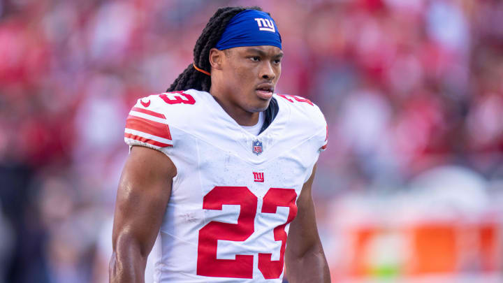 September 21, 2023; Santa Clara, California, USA; New York Giants running back Gary Brightwell (23) before the game against the San Francisco 49ers at Levi's Stadium.  