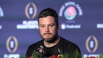 Jan 1, 2025; Pasadena, CA, USA;  Oregon Ducks head coach Dan Lanning speaks in a press conference after the game against the Ohio State Buckeyes in the 2025 Rose Bowl college football quarterfinal game at Rose Bowl Stadium. Mandatory Credit: Kirby Lee-Imagn Images