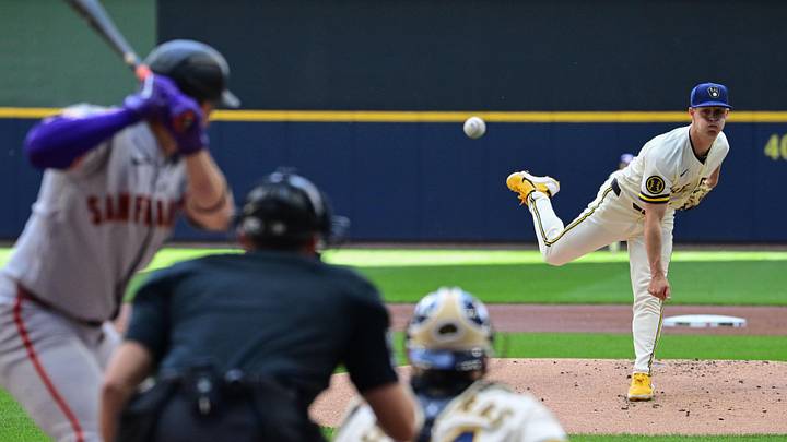 Jun 4, 2026; Milwaukee, Wisconsin, USA;  Milwaukee Brewers starting pitcher Coleman Crow (57) throws a pitch in the first inning against the San Francisco Giants at American Family Field. Mandatory Credit: Benny Sieu-Imagn Images
