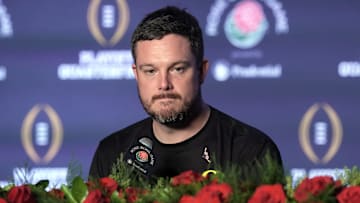 Jan 1, 2025; Pasadena, CA, USA;  Oregon Ducks head coach Dan Lanning speaks in a press conference after the game against the Ohio State Buckeyes in the 2025 Rose Bowl college football quarterfinal game at Rose Bowl Stadium. Mandatory Credit: Kirby Lee-Imagn Images