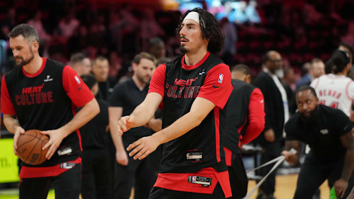 Jan 4, 2025; Miami, Florida, USA; Miami Heat guard Jaime Jaquez Jr. (11) warms-up before the game against the Utah Jazz at Kaseya Center. Mandatory Credit: Jim Rassol-Imagn Images Jan 4, 2025; Miami, Florida, USA; Miami Heat guard Jaime Jaquez Jr. (11) warms-up before the game against the Utah Jazz at Kaseya Center. Mandatory Credit: Jim Rassol-Imagn Images