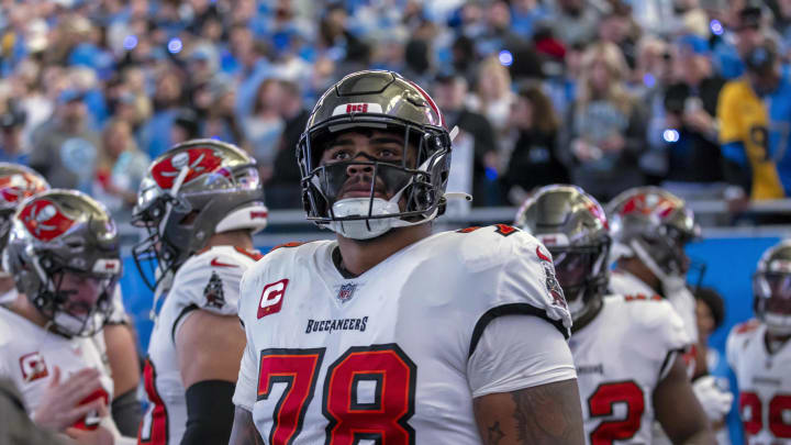Jan 21, 2024; Detroit, Michigan, USA; Tampa Bay Buccaneers offensive tackle Tristan Wirfs (78) looks on before a 2024 NFC divisional round game against the Detroit Lions at Ford Field. Mandatory Credit: David Reginek-USA TODAY Sports