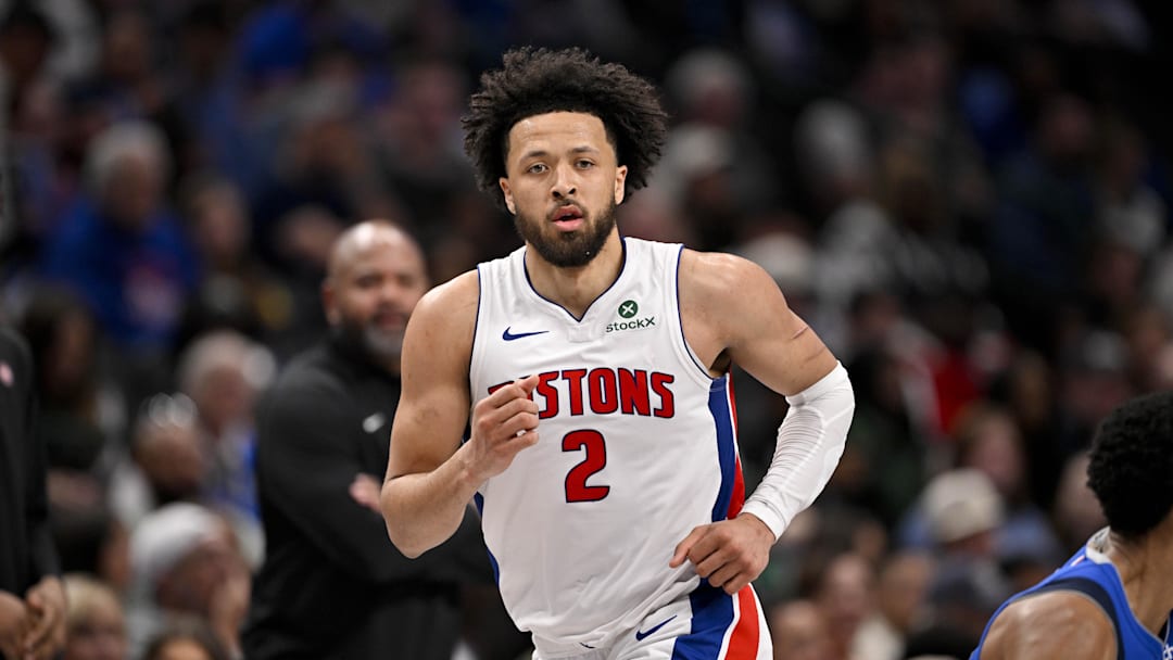 Mar 21, 2025; Dallas, Texas, USA; Detroit Pistons guard Cade Cunningham (2) runs back up the court against the Dallas Mavericks during the second half at the American Airlines Center. Mandatory Credit: Jerome Miron-Imagn Images Mar 21, 2025; Dallas, Texas, USA; Detroit Pistons guard Cade Cunningham (2) runs back up the court against the Dallas Mavericks during the second half at the American Airlines Center. Mandatory Credit: Jerome Miron-Imagn Images
