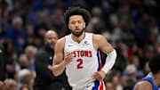Mar 21, 2025; Dallas, Texas, USA; Detroit Pistons guard Cade Cunningham (2) runs back up the court against the Dallas Mavericks during the second half at the American Airlines Center. Mandatory Credit: Jerome Miron-Imagn Images