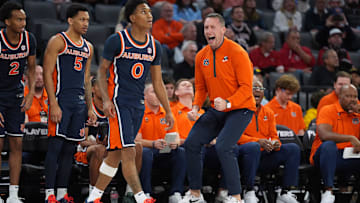 Nov 24, 2025; Las Vegas, NV, USA; Auburn Tigers head coach Steven Pearl, guard Tahaad Pettiford (0), guard Abdullahi Bashir (2) and guard Kaden Magwood (5) react in a 2025 Players Era Festival group play game against the Oregon Ducks at Michelob ULTRA Arena. Mandatory Credit: Kirby Lee-Imagn Images