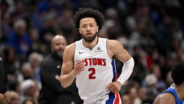 Mar 21, 2025; Dallas, Texas, USA; Detroit Pistons guard Cade Cunningham (2) runs back up the court against the Dallas Mavericks during the second half at the American Airlines Center. Mandatory Credit: Jerome Miron-Imagn Images