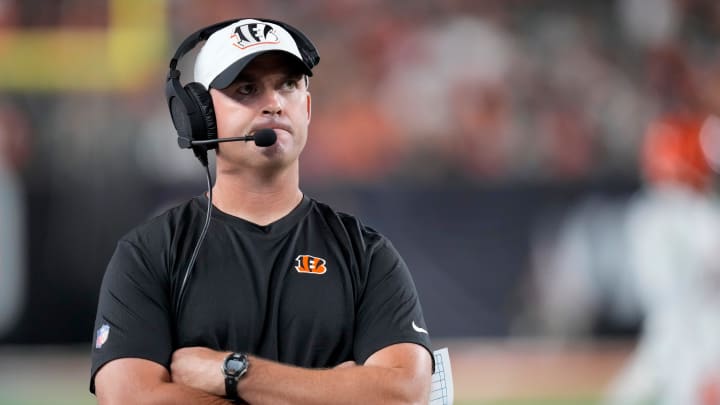 Cincinnati Bengals head coach Zac Taylor watches the video board in the fourth quarter of the NFL Preseason Week 1 game between the Cincinnati Bengals and the Tampa Bay Buccaneers at Paycor Stadium in downtown Cincinnati on Saturday, Aug. 10, 2024. The Tampa Bay Buccaneers beat the Bengals 17-14.