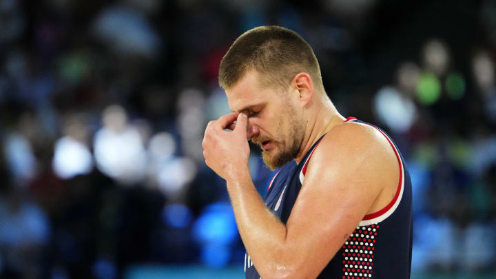 Aug 10, 2024; Paris, France; Serbia center Nikola Jokic (15) reacts against Germany in the men's basketball bronze medal game during the Paris 2024 Olympic Summer Games at Accor Arena. 