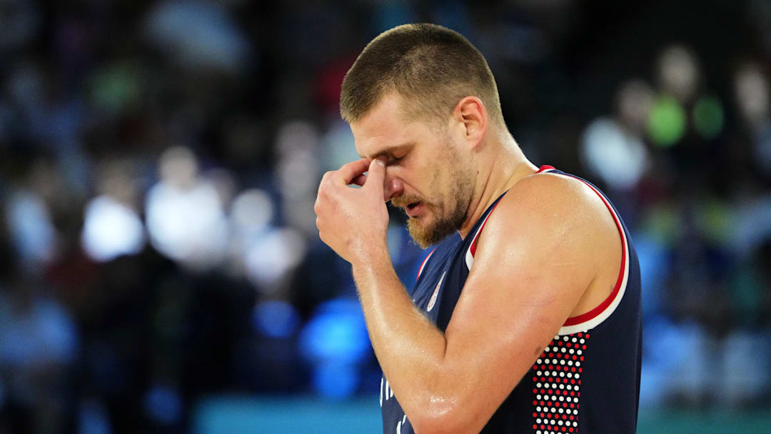 Aug 10, 2024; Paris, France; Serbia power forward Nikola Jokic (15) reacts after a play against Germany in the men's basketball bronze medal game during the Paris 2024 Olympic Summer Games at Accor Arena. Mandatory Credit: Rob Schumacher-Imagn Images