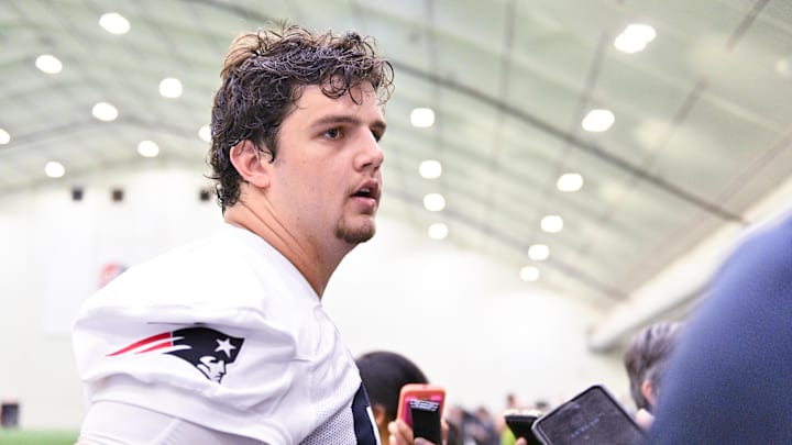 Jun 10, 2025; Foxborough, MA, USA; New England Patriots offensive tackle Will Campbell (66) speaks to the media after minicamp held in the WIN Field House at Gillette Stadium. Mandatory Credit: Eric Canha-Imagn Images