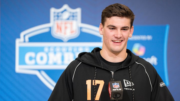 Feb 27, 2026; Indianapolis, IN, USA; Alabama quarterback Ty Simpson (QB17) speaks to members of the media during the NFL Combine at the Indiana Convention Center. Mandatory Credit: Jacob Musselman-Imagn Images