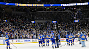 Apr 5, 2025; St. Louis, Missouri, USA;  St. Louis Blues salute their fans and celebrate after the Blues won their franchise record 12th straight win after a victory over the Colorado Avalanche at Enterprise Center. Mandatory Credit: Jeff Curry-Imagn Images