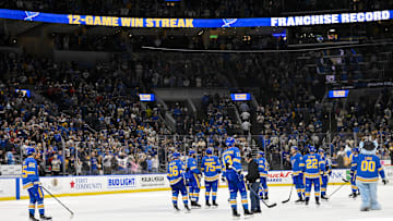 Apr 5, 2025; St. Louis, Missouri, USA;  St. Louis Blues salute their fans and celebrate after the Blues won their franchise record 12th straight win after a victory over the Colorado Avalanche at Enterprise Center. Mandatory Credit: Jeff Curry-Imagn Images