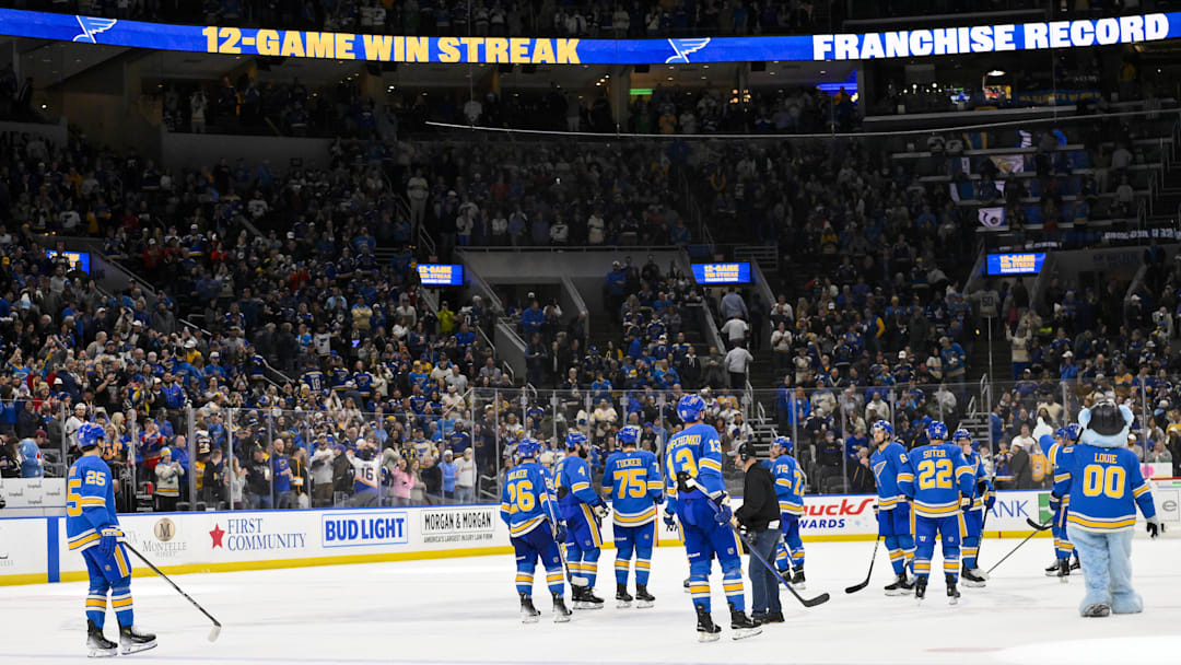 Apr 5, 2025; St. Louis, Missouri, USA;  St. Louis Blues salute their fans and celebrate after the Blues won their franchise record 12th straight win after a victory over the Colorado Avalanche at Enterprise Center. Mandatory Credit: Jeff Curry-Imagn Images